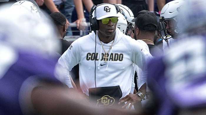 Colorado head coach Deion Sanders looks on from the sidelines vs. TCU.